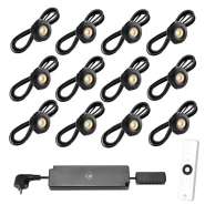 Set spots zwart, 12 stuks Inclusief trafo, afstandsbediening en kabel van 5 meter