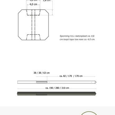 Betonpaal glad met diamantkop 10x10x190 cm, antraciet gecoat, eindpaal t.b.v. scherm 90 cm hoog.