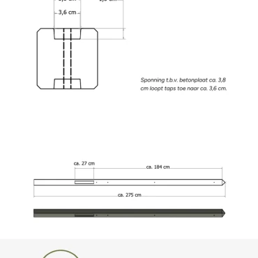 Lichtgewicht betonpaal met diamantkop ongecoat 8.5x8.5x280 cm, tussenpaal, grijs