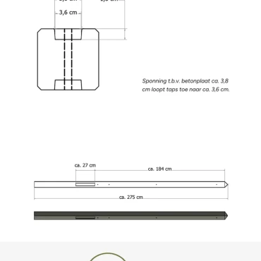 Lichtgewicht betonpaal met diamantkop ongecoat 8.5x8.5x280 cm, eindpaal, grijs