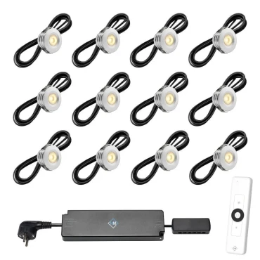 Set spots aluminium, 12 stuks Inclusief trafo, afstandsbediening en kabel van 5 meter