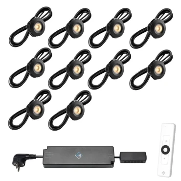 Set spots zwart, 10 stuks Inclusief trafo, afstandsbediening en kabel van 5 meter