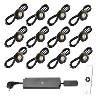 Set spots zwart, 12 stuks Inclusief trafo, afstandsbediening en kabel van 5 meter