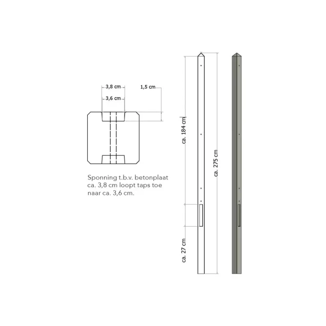 Lichtgewicht betonpaal met diamantkop ongecoat 8.5x8.5x280 cm, tussenpaal, grijs
