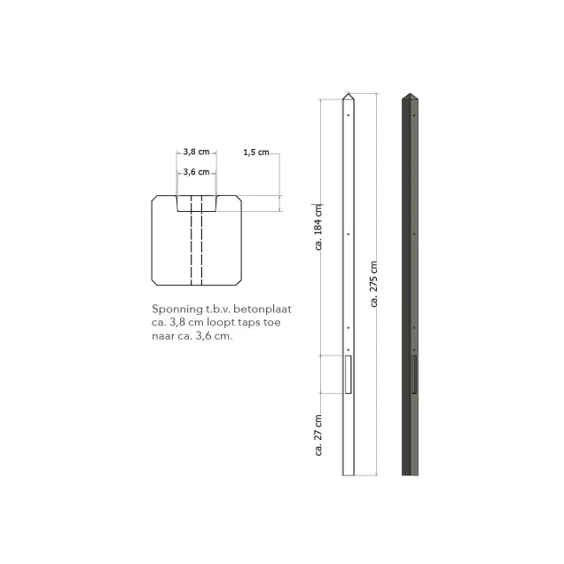 Lichtgewicht betonpaal met diamantkop ongecoat 8.5x8.5x280 cm, eindpaal, antraciet