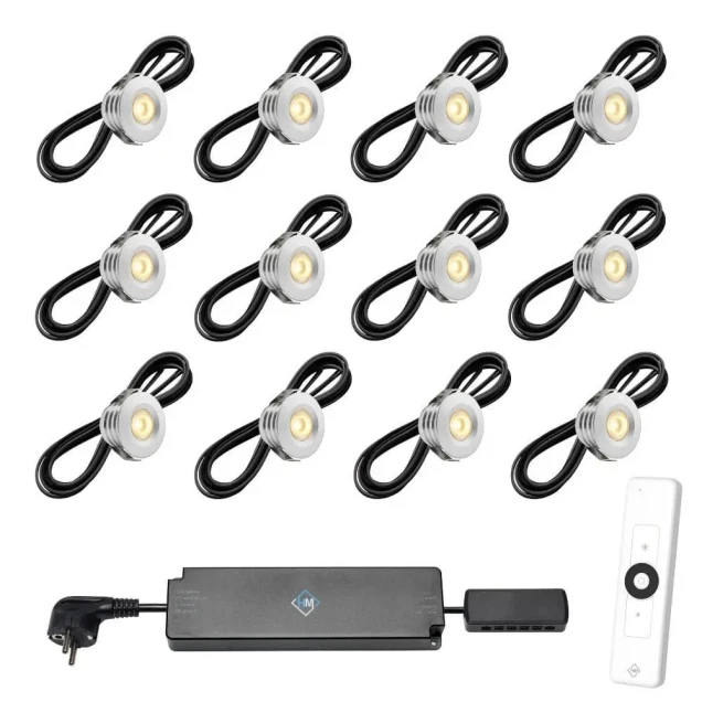 Set spots aluminium, 12 stuks Inclusief trafo, afstandsbediening en kabel van 5 meter