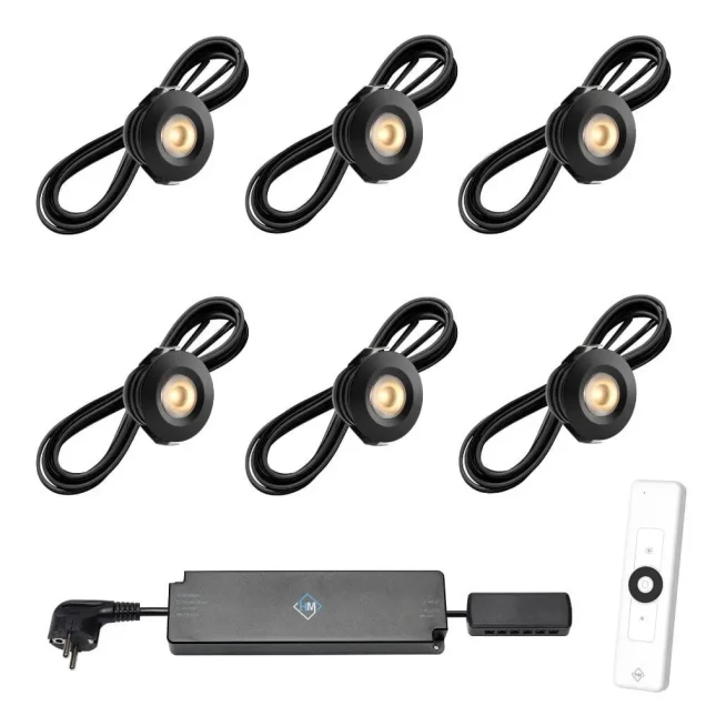 Set spots zwart, 6 stuks Inclusief trafo, afstandsbediening en kabel van 5 meter