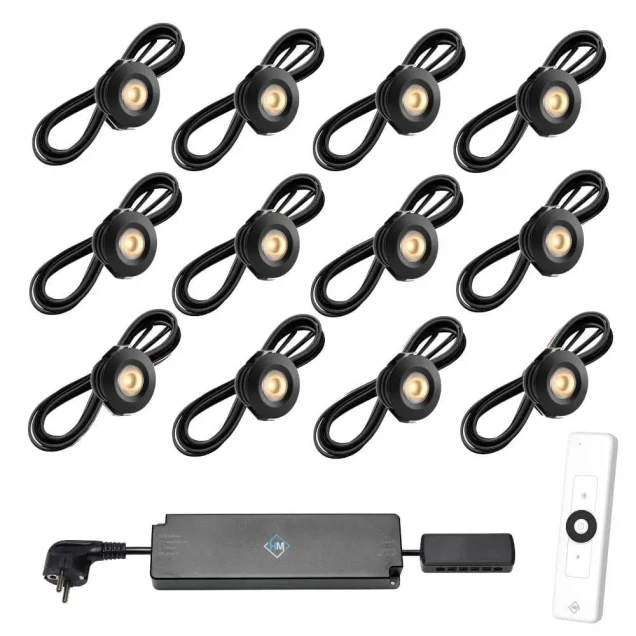 Set spots zwart, 12 stuks Inclusief trafo, afstandsbediening en kabel van 5 meter