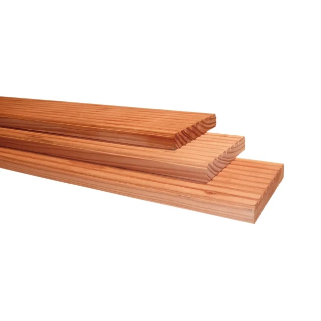 Douglas geprofileerd dekdeel. 1 zijde grof profiel. 1 zijde glad. 2.5x14.5x500 cm onbehandeld