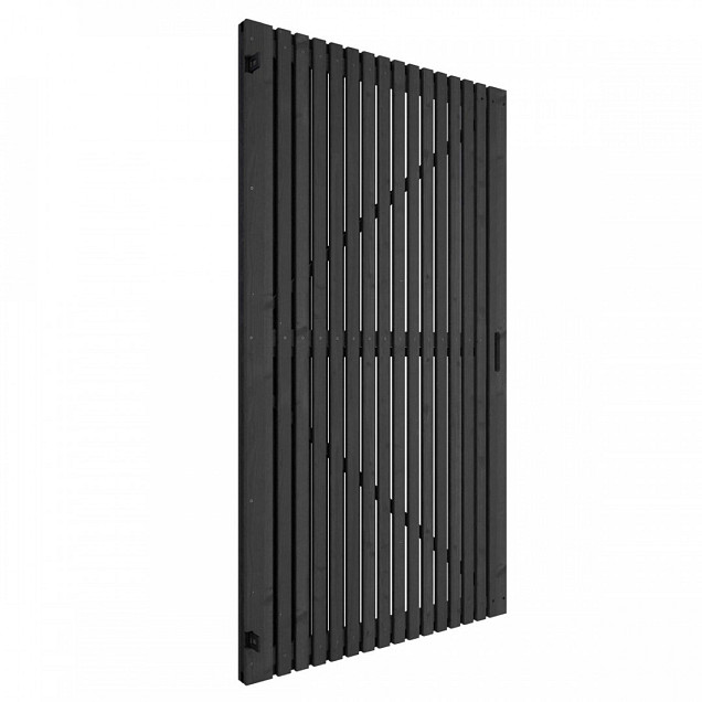 Grenen geschaafd latten deur op verstelbaar frame, verticaal, 178x99x5 cm, zwart gespoten.