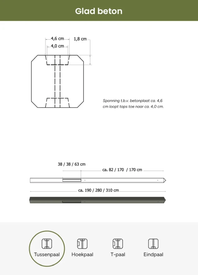 Betonpaal glad met diamantkop 10x10x280 cm, antraciet ongecoat, tussenpaal