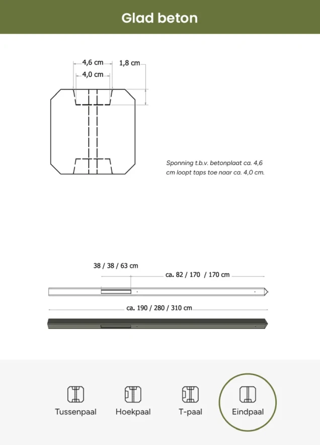 Betonpaal glad met diamantkop 10x10x190 cm, antraciet ongecoat, eindpaal t.b.v. scherm 90 cm hoog.