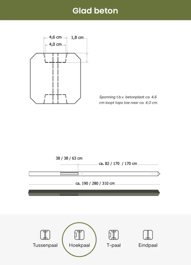 Betonpaal glad met diamantkop 10x10x280 cm, antraciet gecoat, hoekpaal