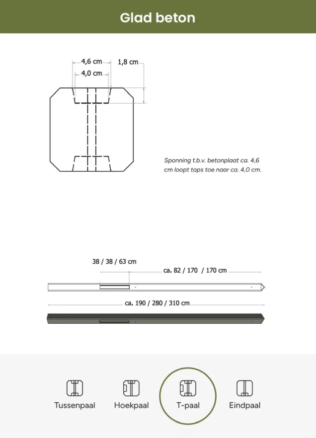 Betonpaal glad met diamantkop 10x10x280 cm, antraciet gecoat, T-paal