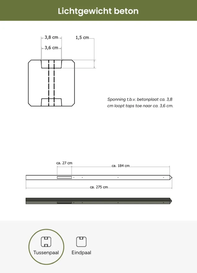 Lichtgewicht betonpaal met diamantkop ongecoat 8.5x8.5x280 cm, tussenpaal, antraciet