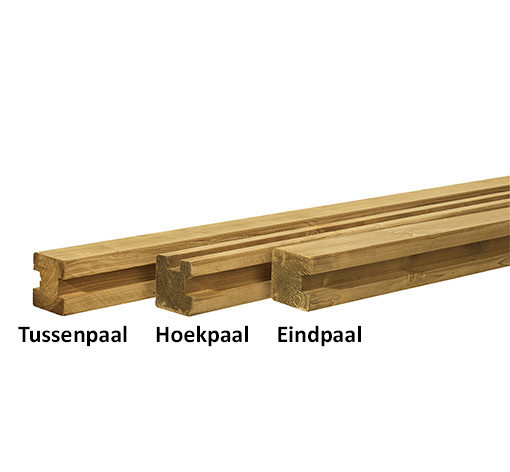 Grenen sleufpaal 8.8x8.8x270 cm, t.b.v. 28 mm profielplanken, tussenpaal, groen geïmpregneerd